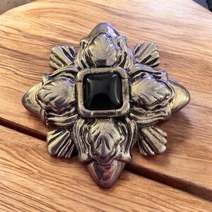 Vintage Monet Silver Floral Brooch with Black Center